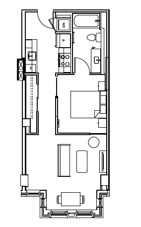 Floor plan for 1 bed, 1 bath, 594 sqft